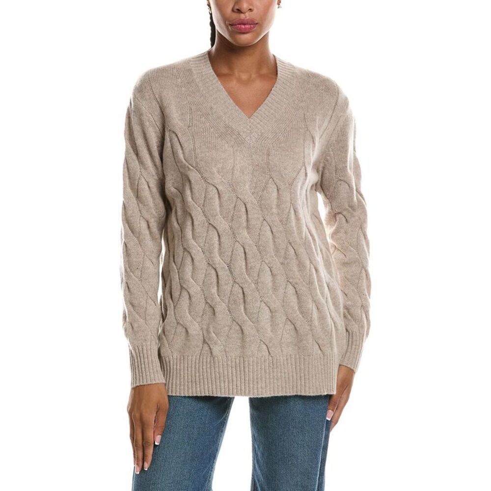 Forte Cashmere Womens  Long Cable V-Neck Cashmere Sweater, Brown